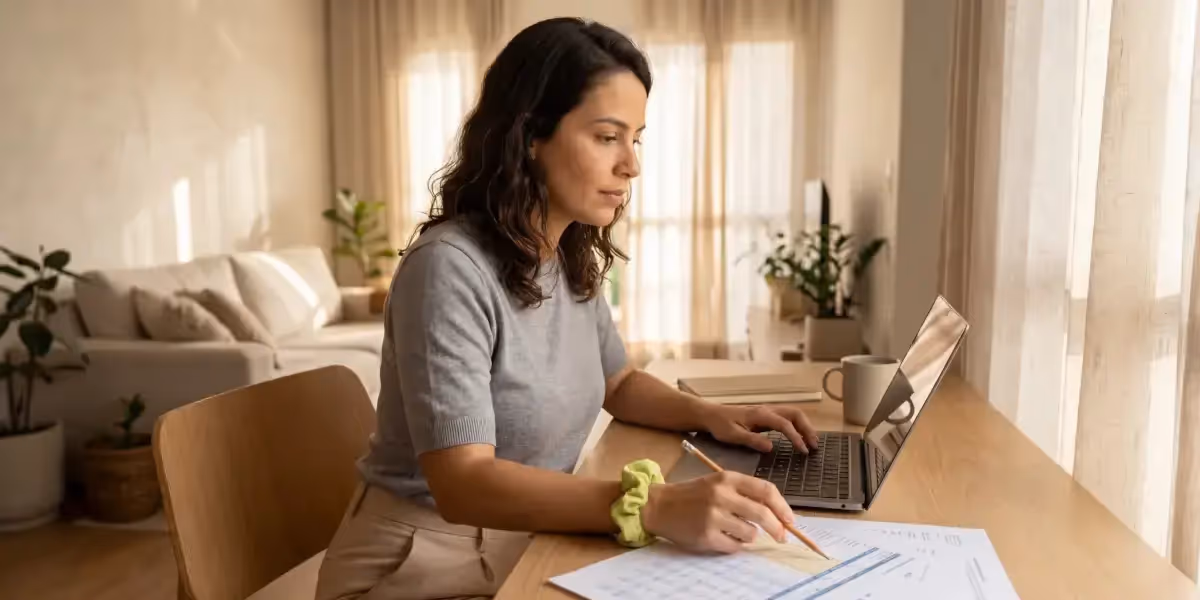 cdb longo prazo mulher analisando planilha financeira em frente ao notebook em ambiente doméstico bem iluminado.