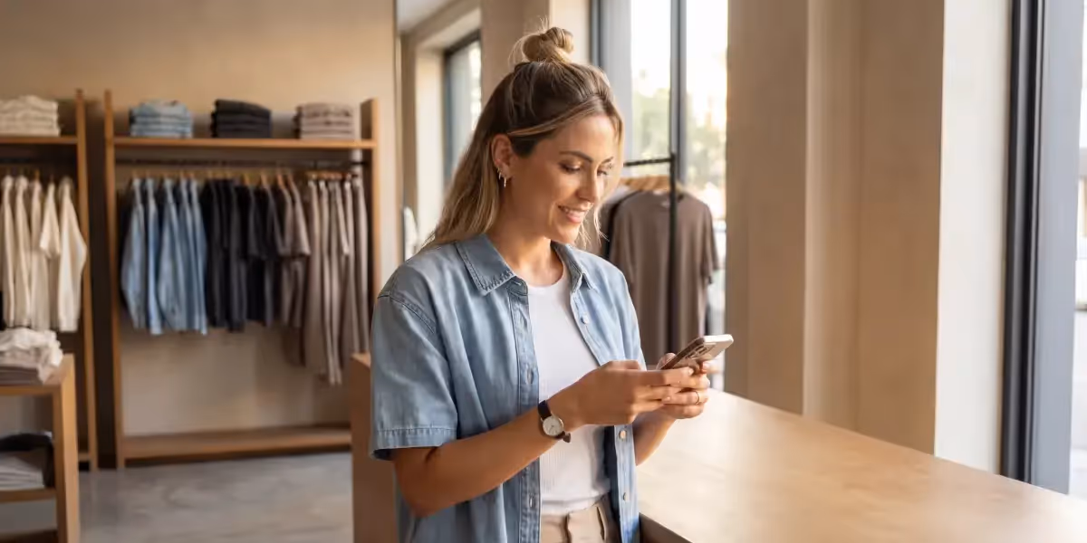 Mulher sorridente usando o celular em loja de roupas enquanto pesquisa sobre iof cdb.