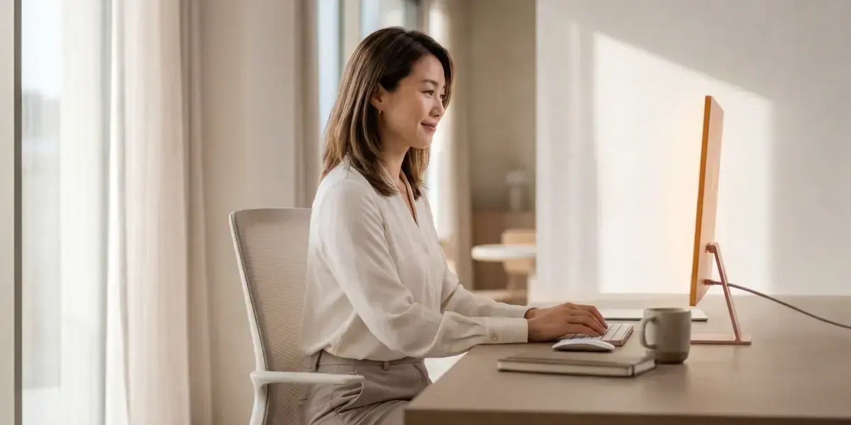 Mulher analisando investimentos em cdb e cdi em seu computador no escritório.