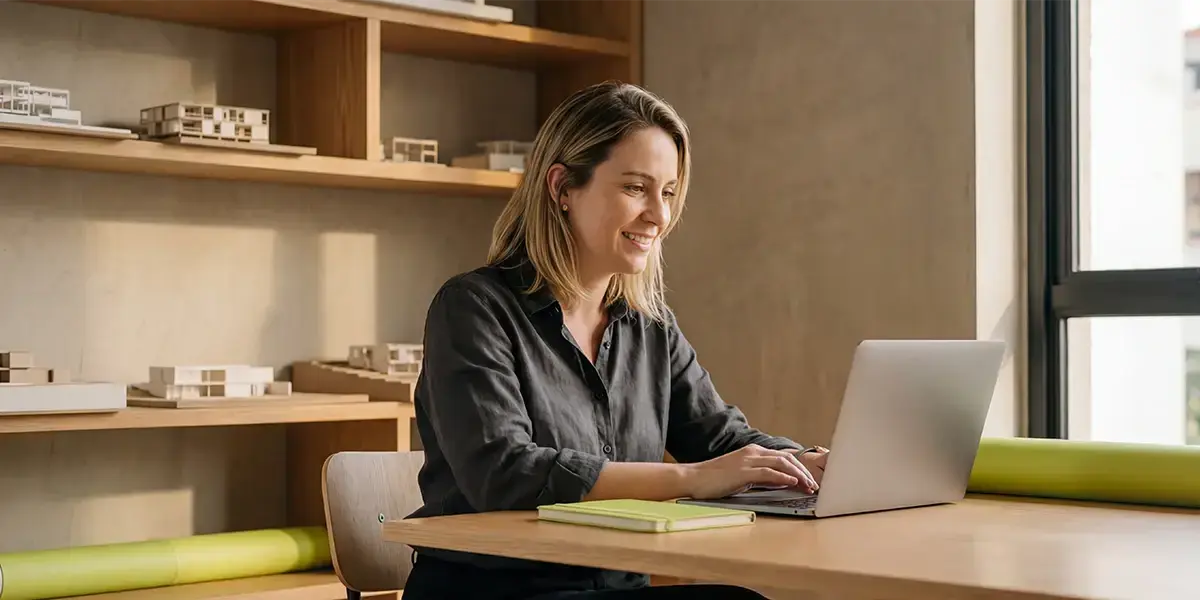 Mulher sorrindo enquanto pesquisa no notebook sobre a diferença CDB prefixado e pós-fixado.