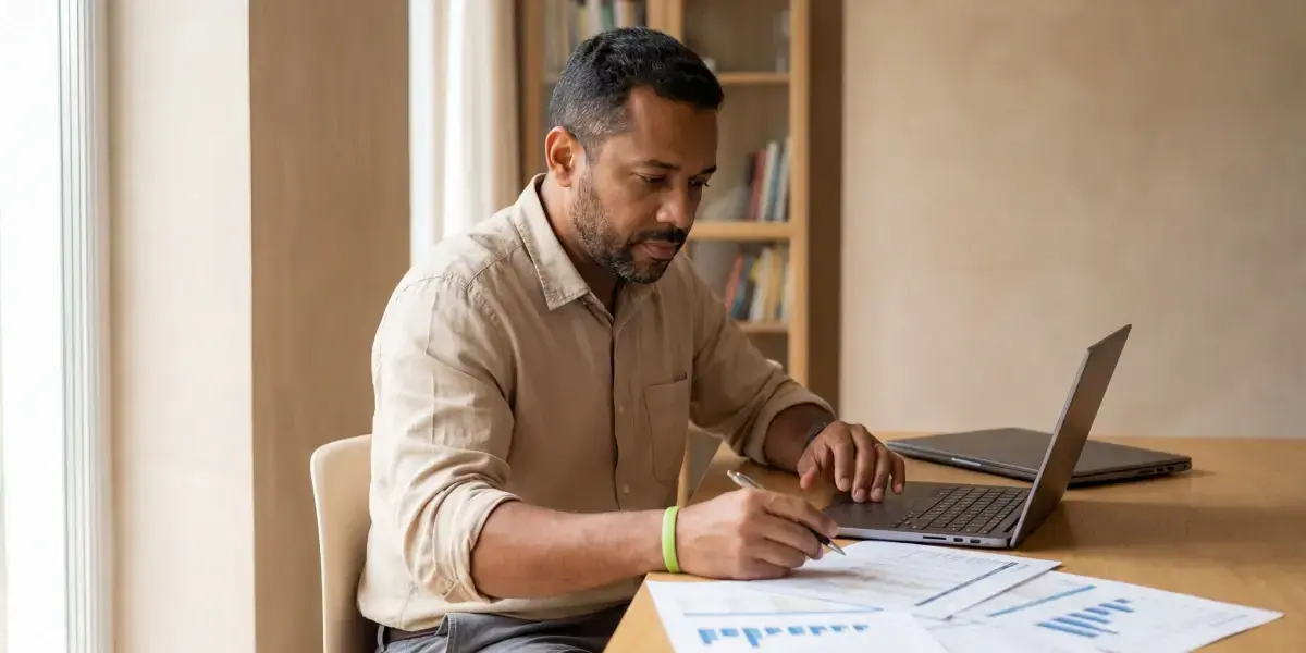 Homem analisando gráficos e planilhas no notebook sobre tabela ir cdb.