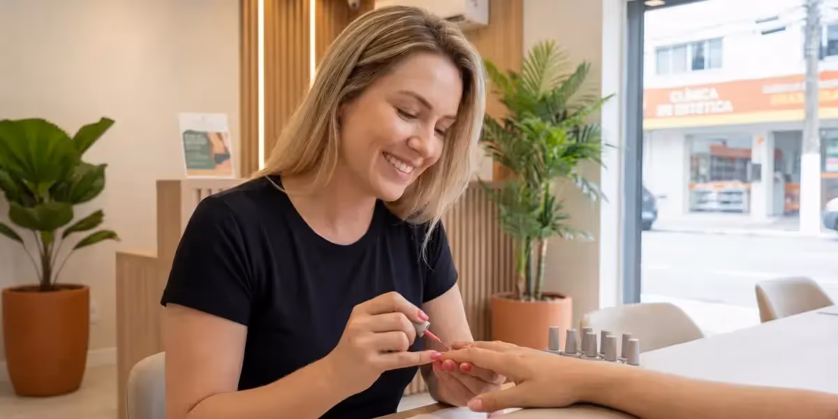 Manicure sorridente esmaltando unhas em salão elegante, representando uma tabela de preço manicure.