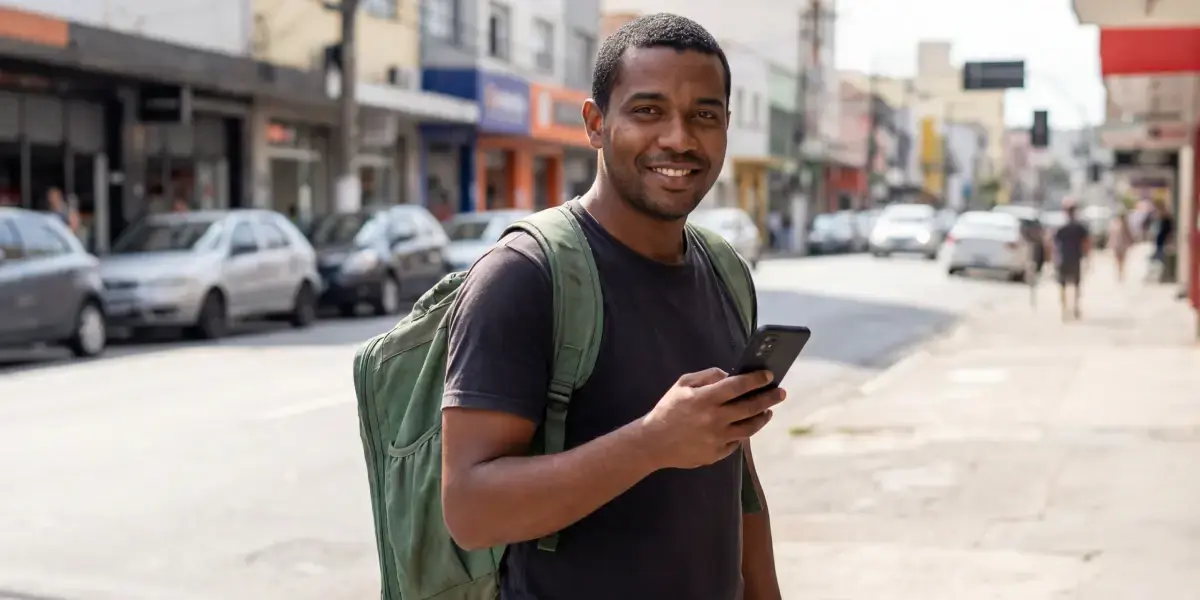 Homem sorridente na rua usando celular para entender melhor como funciona o CDB.