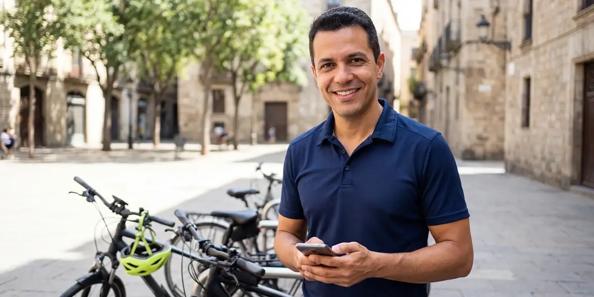 Homem sorridente na rua usando o celular para pesquisar sobre cdb prefixado.