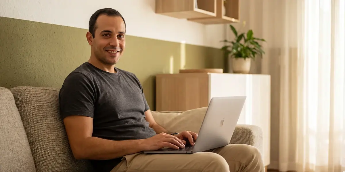 Homem sorridente usando notebook para comparar opções de investimento como cdb ou poupança.