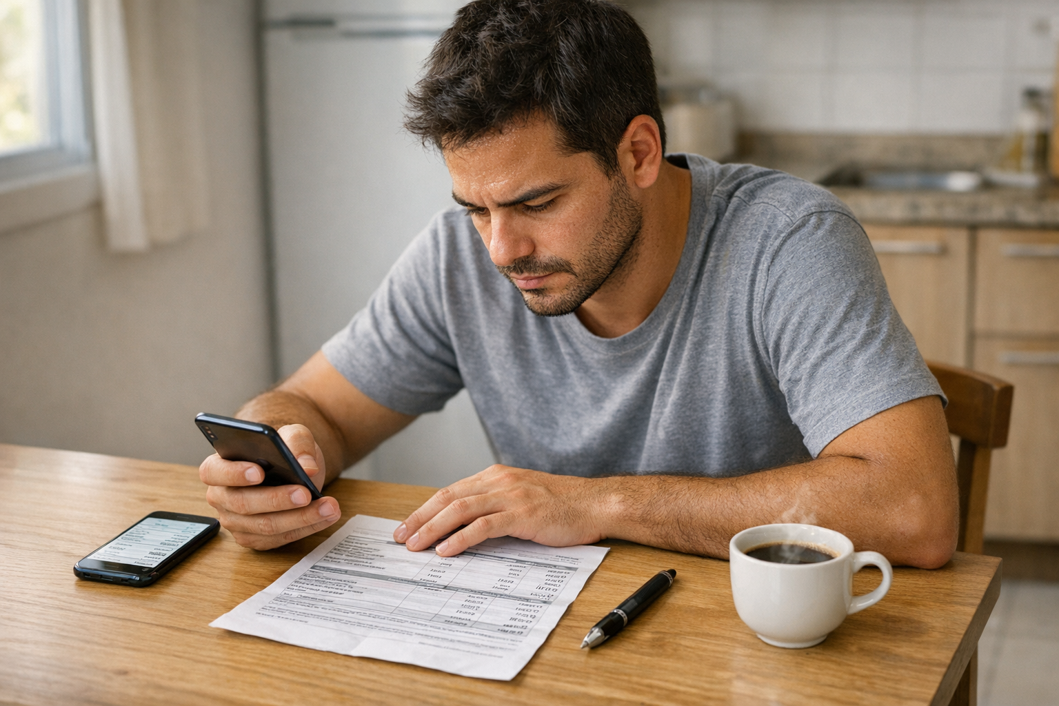 Homem consulta celular enquanto revisa documentos na mesa da cozinha