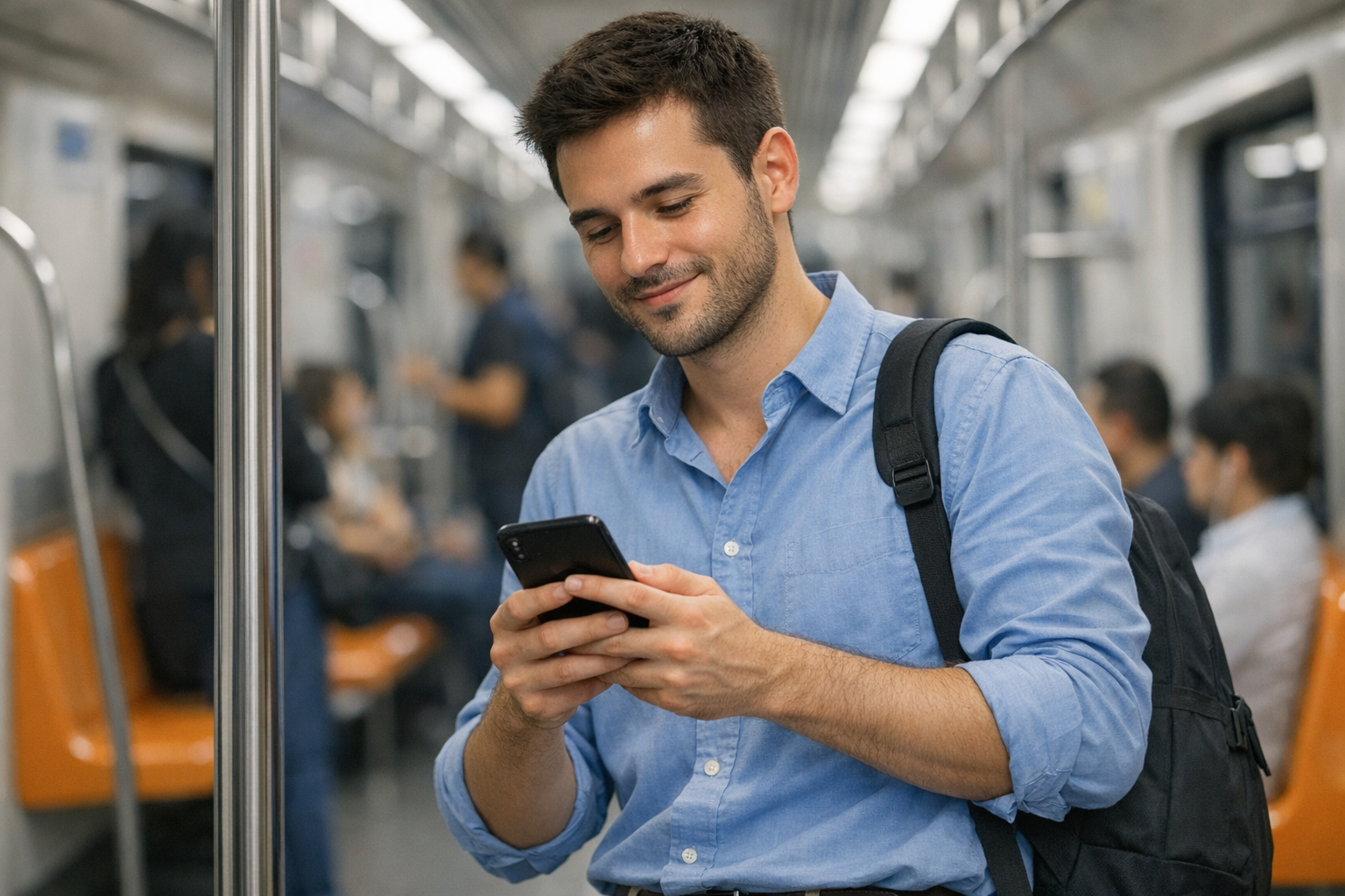 Homem sorrindo usando o celular no metro