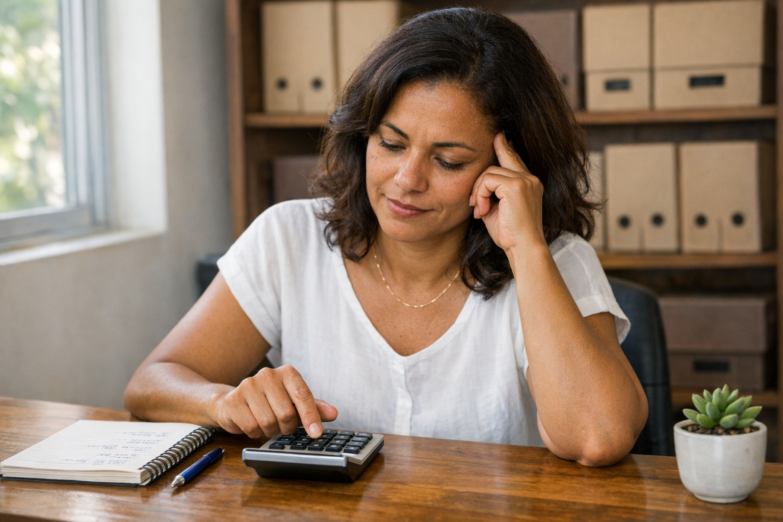 Empreendedora fazendo cálculos financeiros com calculadora em escritório