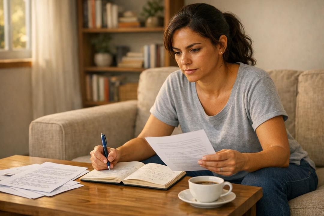 Trabalhadora sentada em sofá revisando documentos de rescisão com caderno e xícara de café