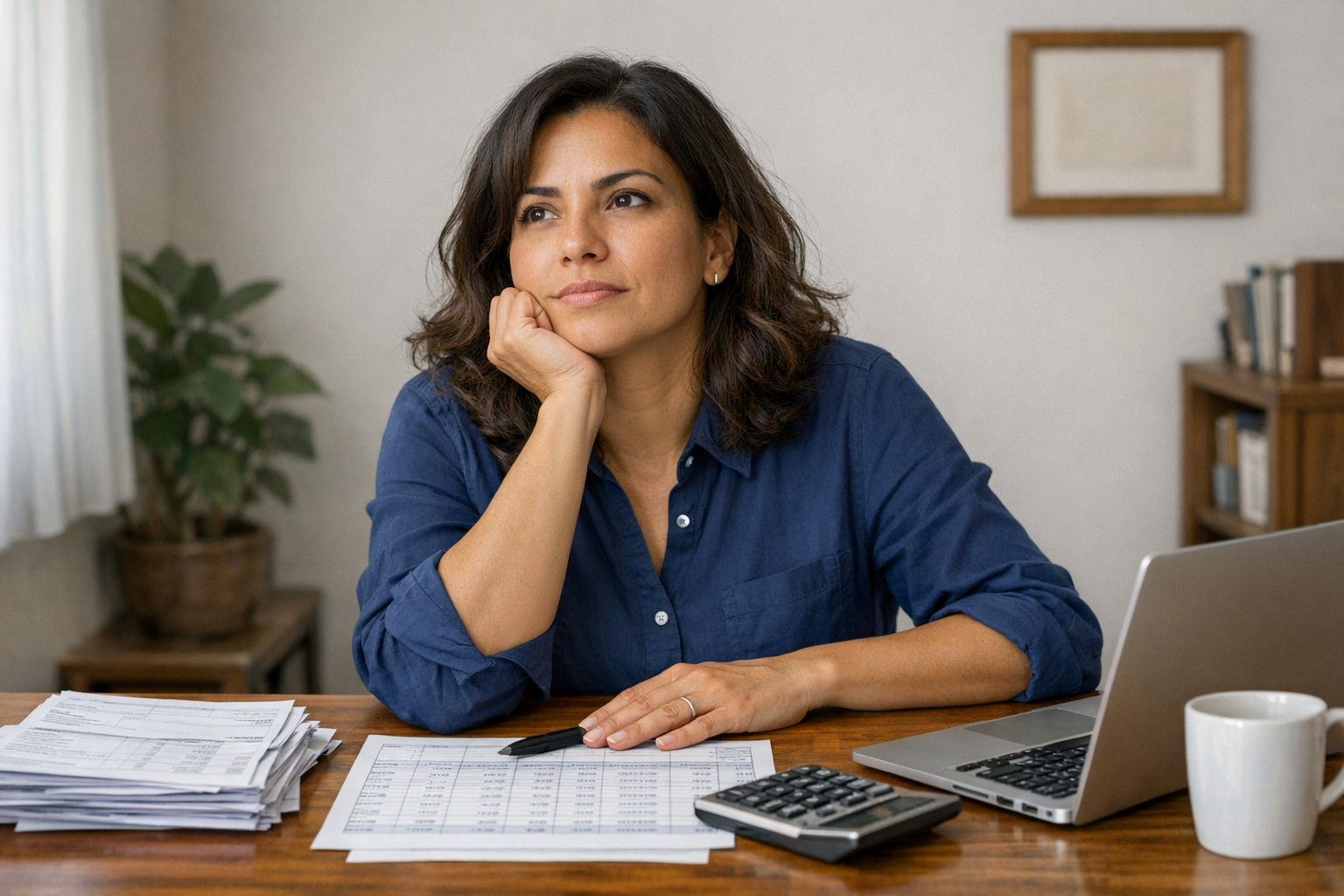 Empreendedora calculando custo de funcionário em mesa de escritório
