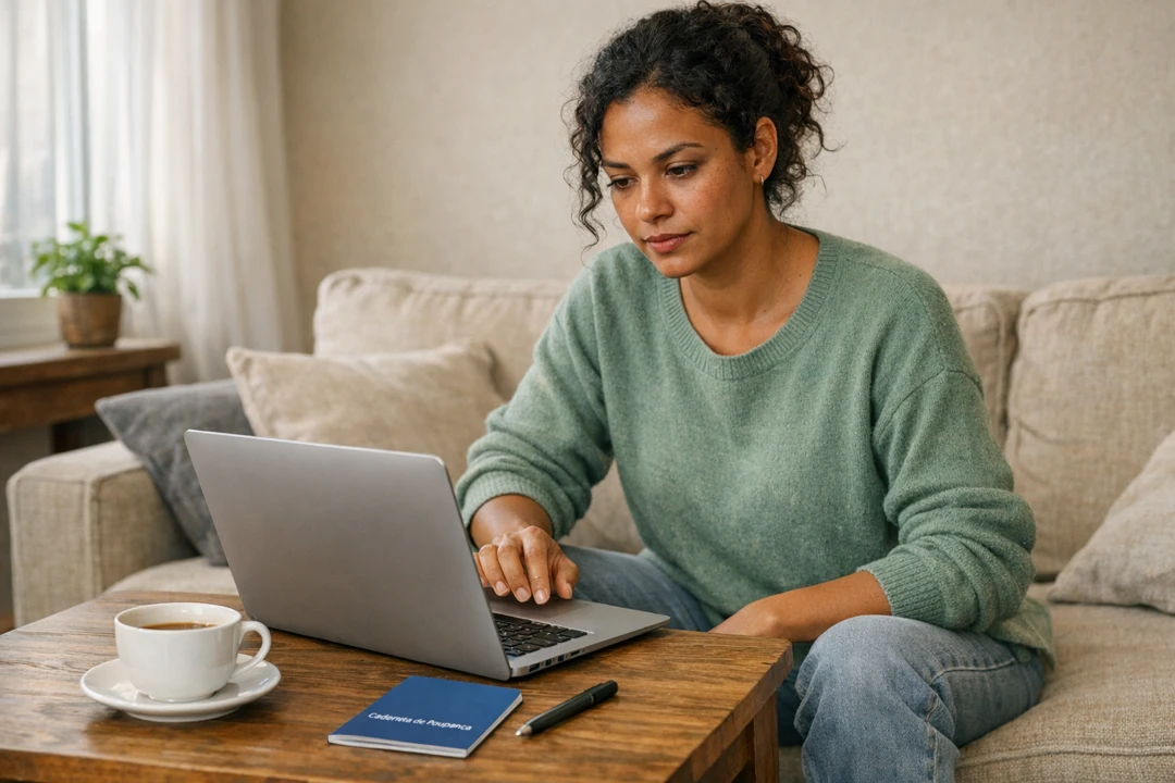 Mulher sentada no sofá consultando rendimento da poupança no notebook, com caderneta de poupança sobre a mesa