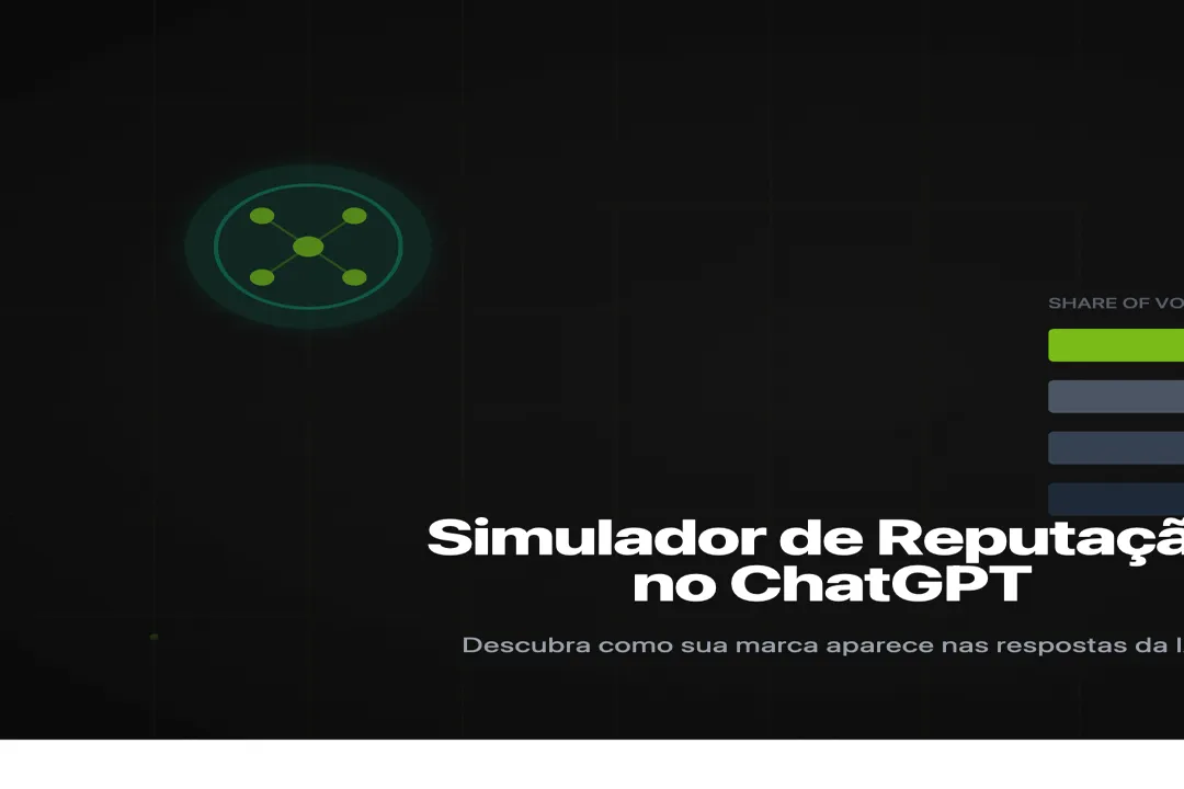 Green network icon and partial text in Portuguese about reputation simulator on ChatGPT on a dark background.