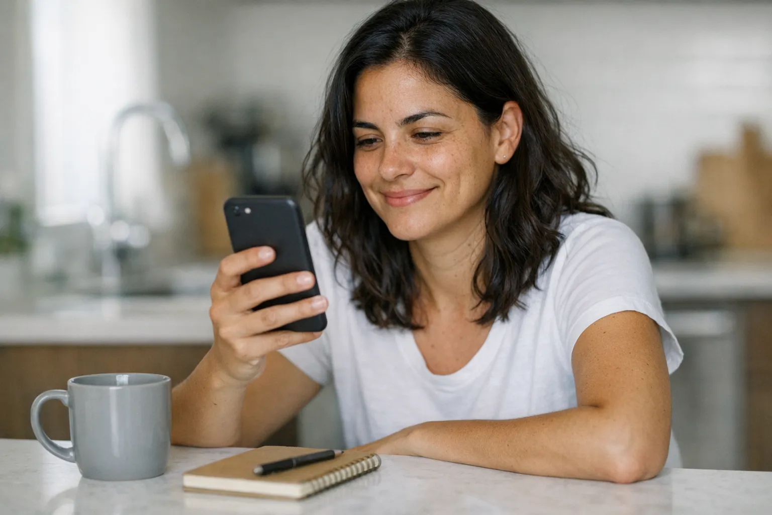 Mulher brasileira sorrindo ao conferir investimentos no celular, sentada em bancada de cozinha com caneca de café e caderno ao lado