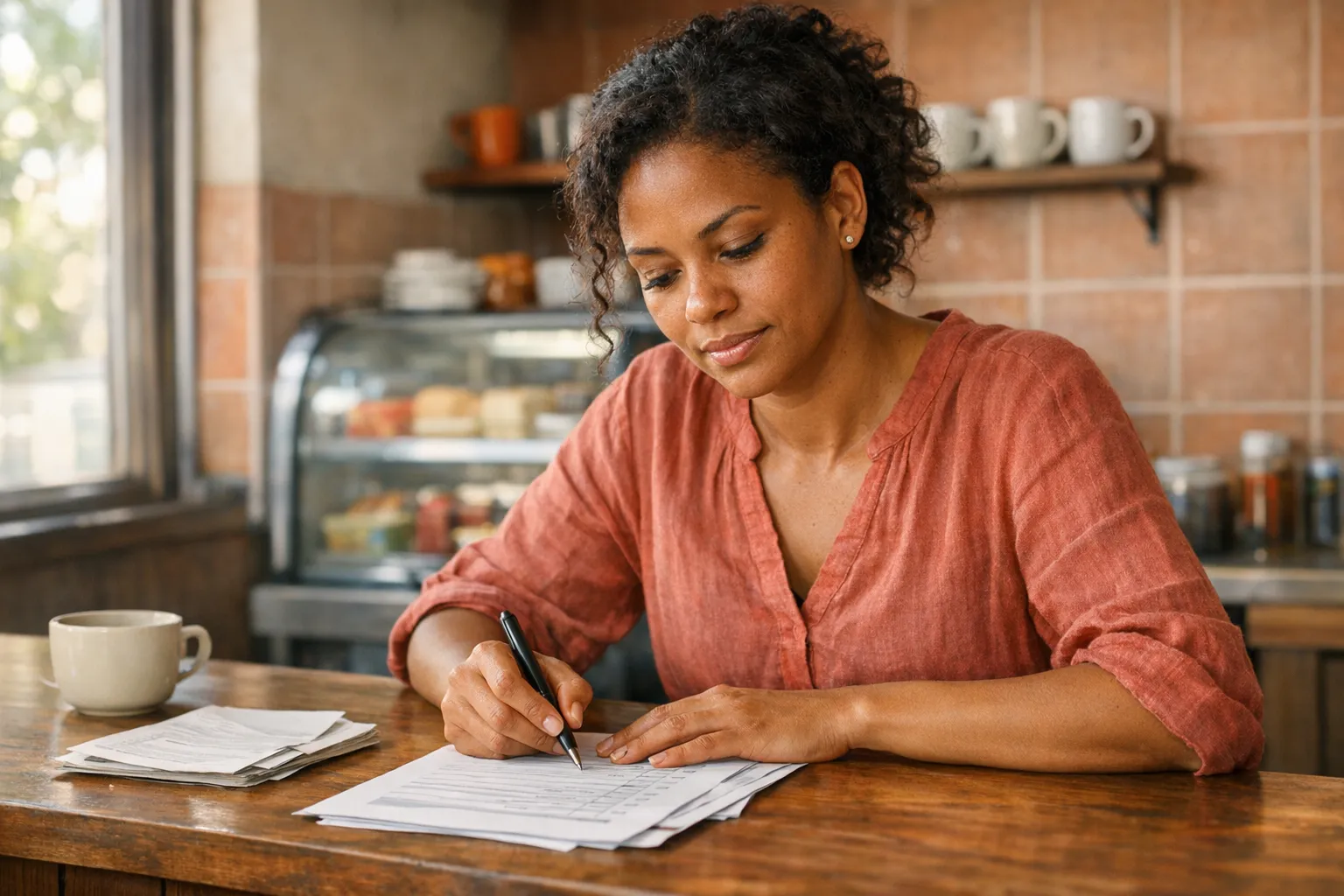 Empreendedora brasileira revisando checklist de documentos no balcão de sua lanchonete