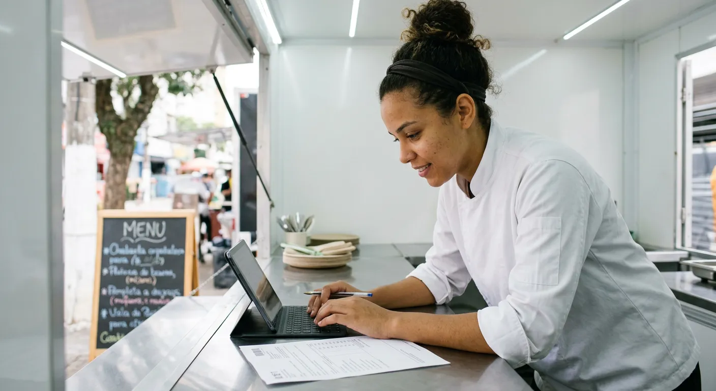 Jovem empreendedora de dólmã branca digita em tablet sobre o balcão de inox de um food truck, com boleto impresso ao lado e cardápio em lousa ao fundo