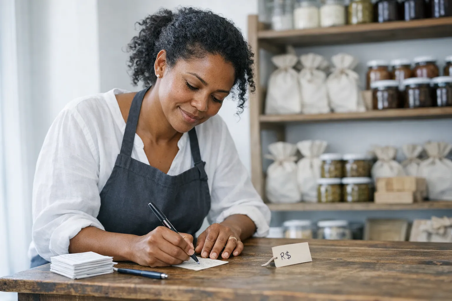 Empreendedora negra de avental escrevendo no balcão de uma loja artesanal, com prateleiras de potes e etiqueta de preço em reais ao fundo