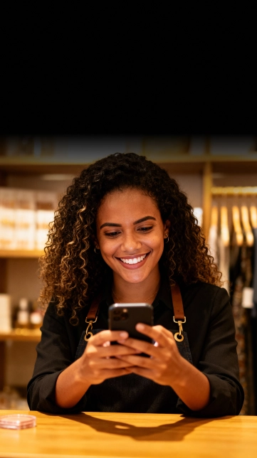 Smiling woman with curly hair wearing apron looking at phone behind a wooden counter.