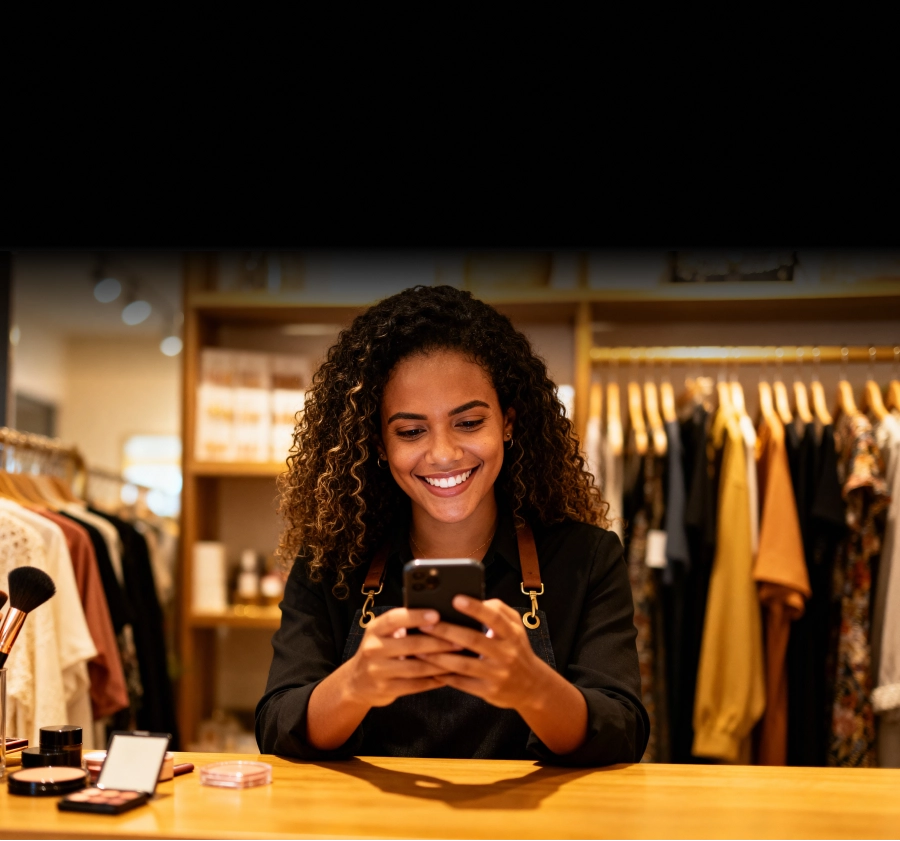 Smiling woman in apron using smartphone at counter with makeup items in clothing store.