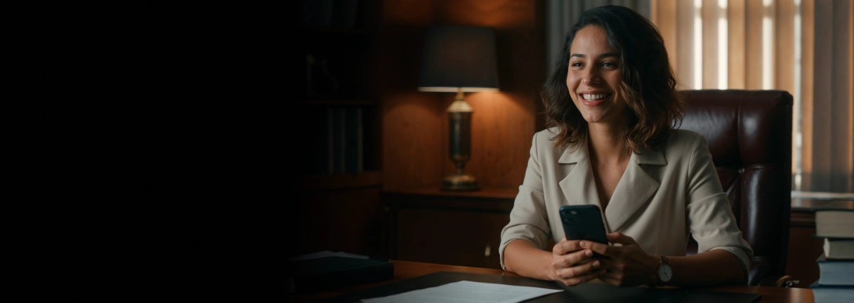 Smiling woman in beige blazer holding smartphone, sitting at a desk with papers and lamp in background.
