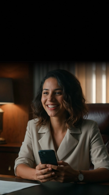 Smiling woman in beige blazer holding a smartphone, sitting at a desk with a lamp in the background.