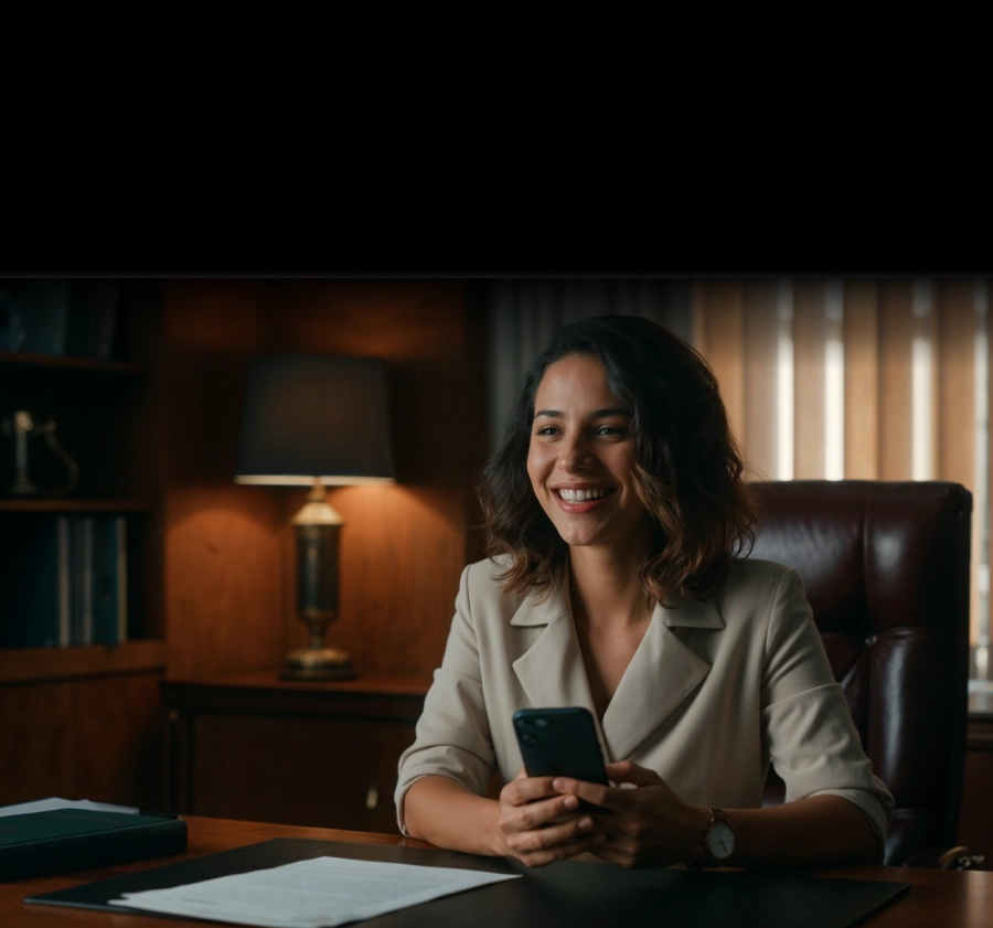 Smiling woman in beige blazer seated at desk holding a smartphone in an office setting.