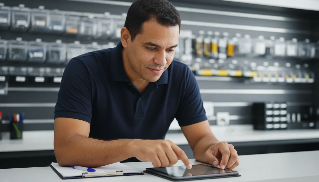 Prestador de serviço consulta tablet sobre balcão de assistência técnica com prateleiras de peças ao fundo