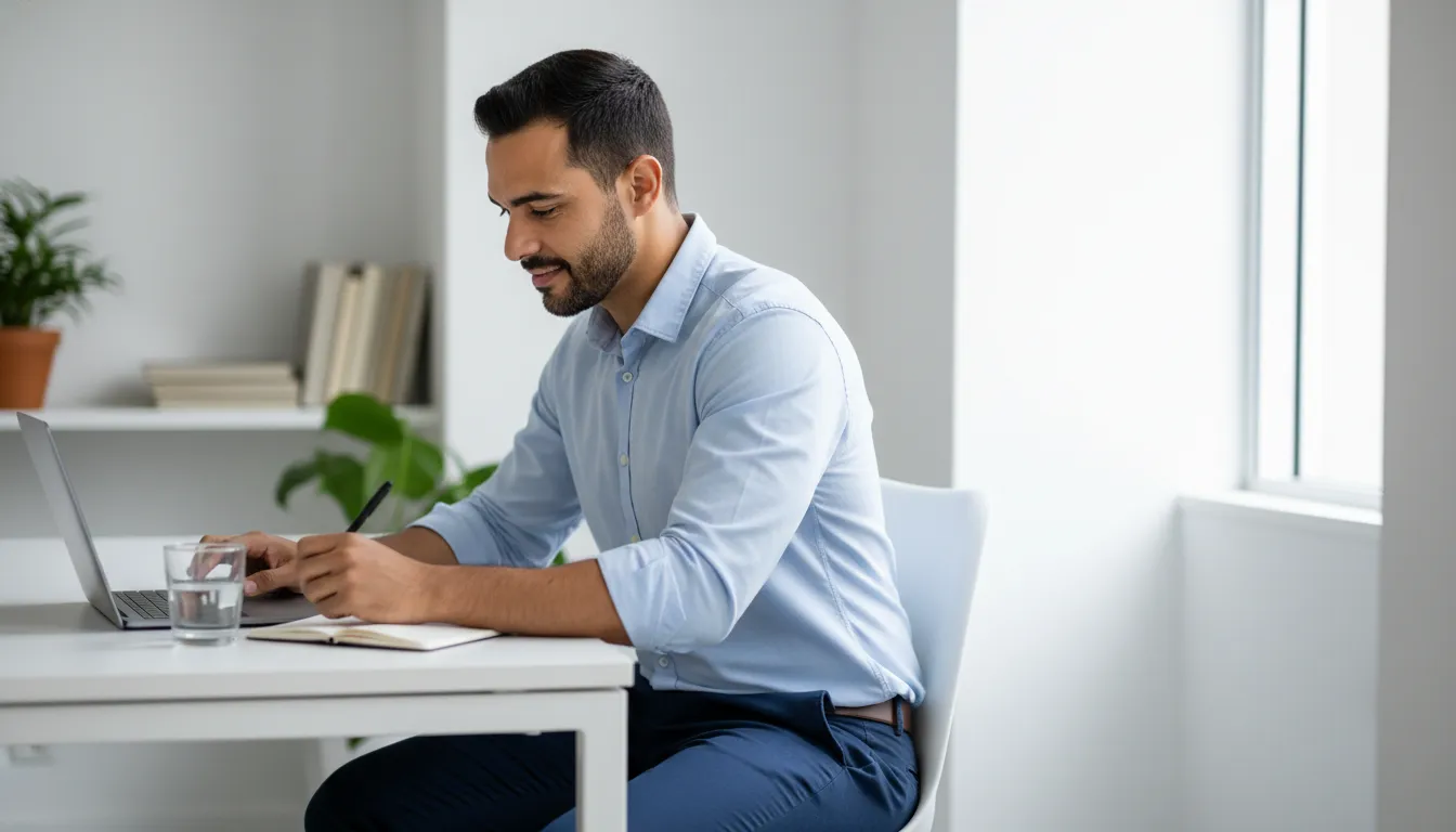 Gestor de e-commerce trabalhando em laptop em escritório moderno, avaliando opções de gateway de pagamento