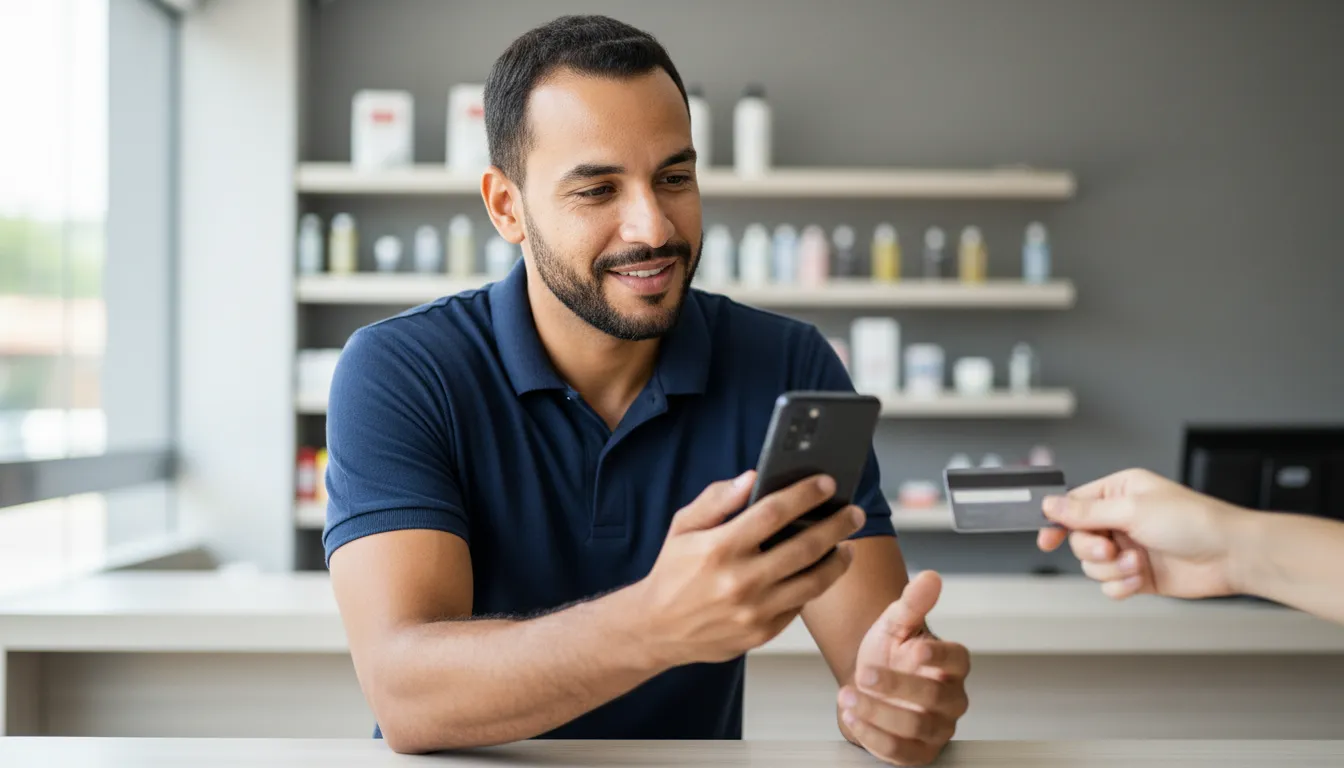 Empreendedor usando celular Android para aceitar pagamento por aproximação de cartão de um cliente no balcão de sua loja