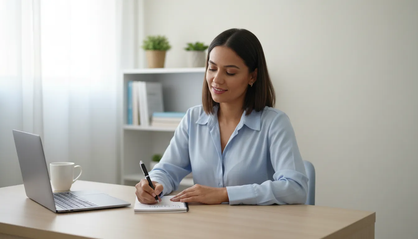 Mulher de camisa azul fazendo anotações em caderno ao lado de notebook aberto em mesa de escritório