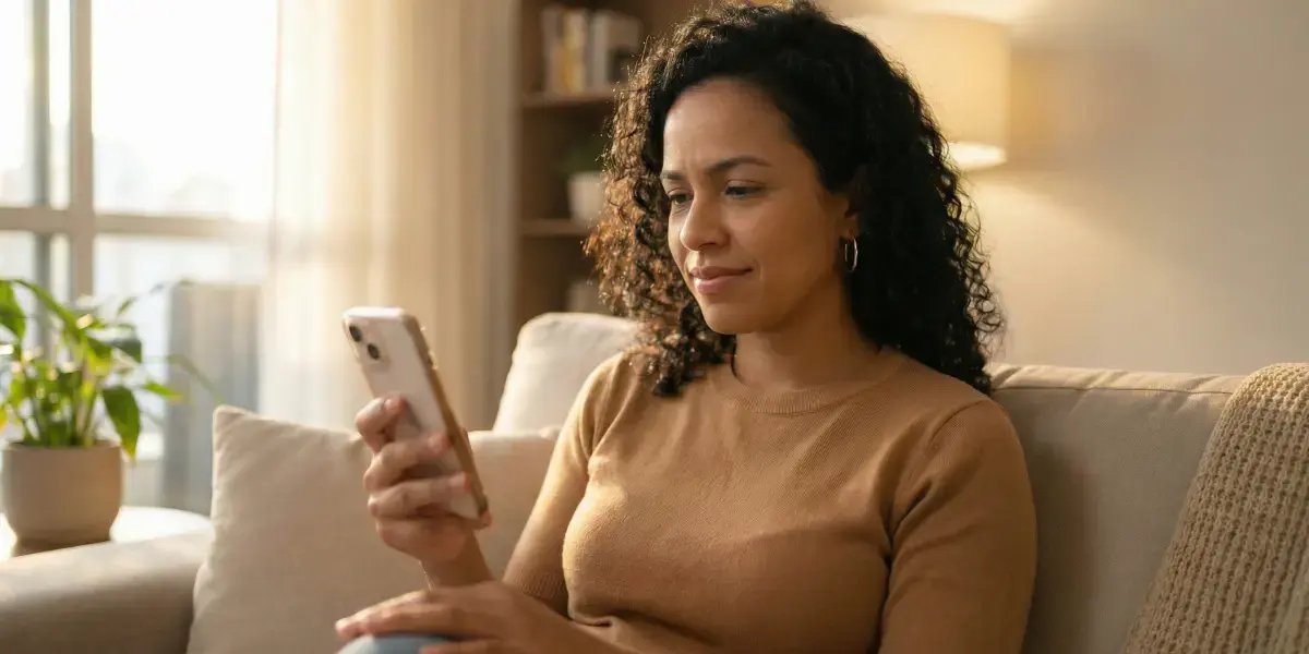 Jovem de cabelos cacheados escuros sentada em sofá bege, consultando investimentos no celular