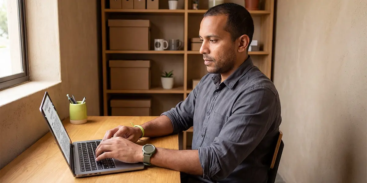 Empresário analisando dados no notebook sobre a reforma tributaria pequenas empresas.
