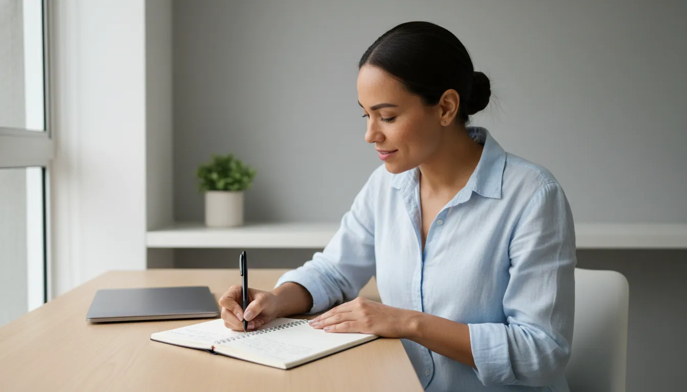 Mulher fazendo anotações em caderno sobre mesa de escritório, ambiente iluminado e organizado