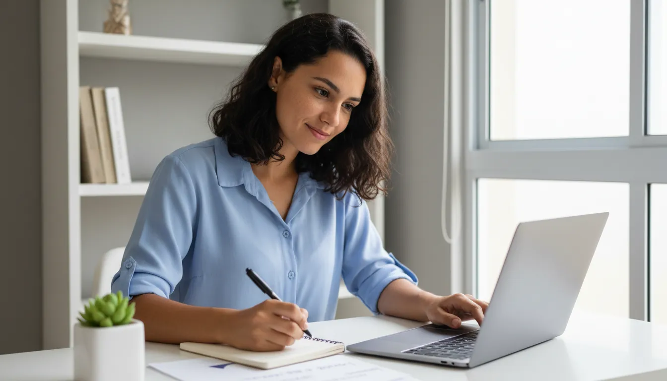 Mulher jovem fazendo anotações em caderno enquanto pesquisa no laptop em home office iluminado