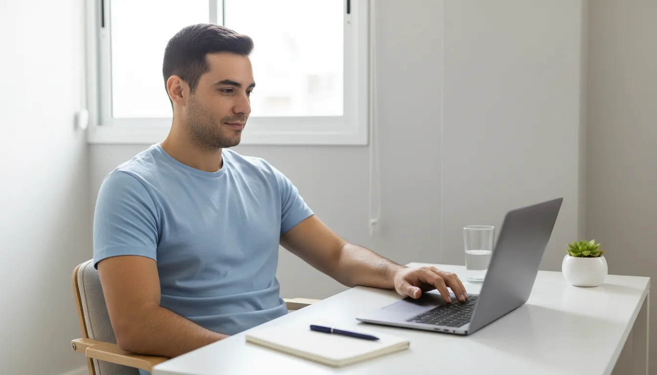 Homem jovem pesquisando no notebook em mesa organizada com ambiente iluminado por luz natural