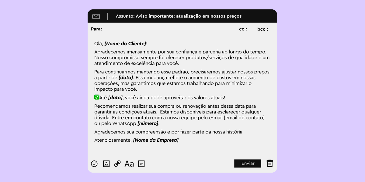 texro para reajuste de preço por e-mail