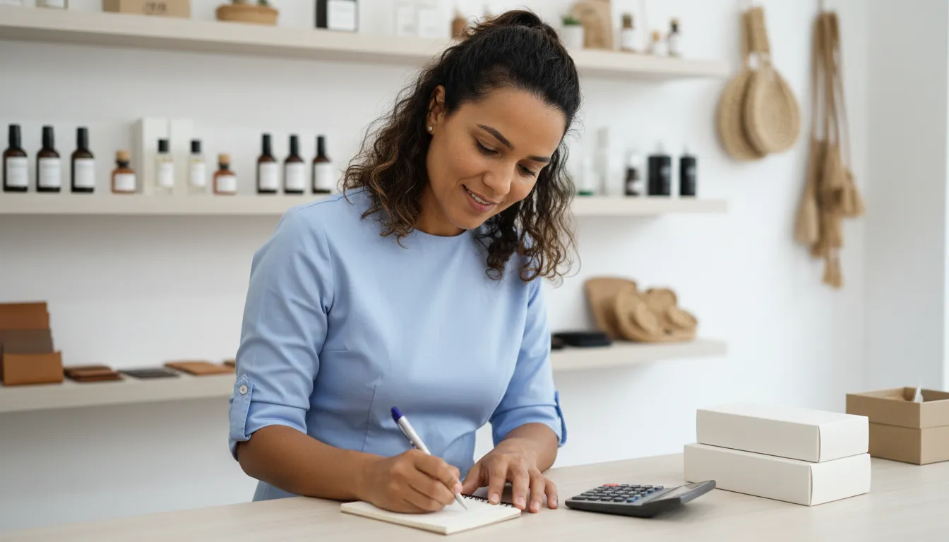 Empreendedora anotando cálculos em caderno com calculadora ao lado em loja organizada