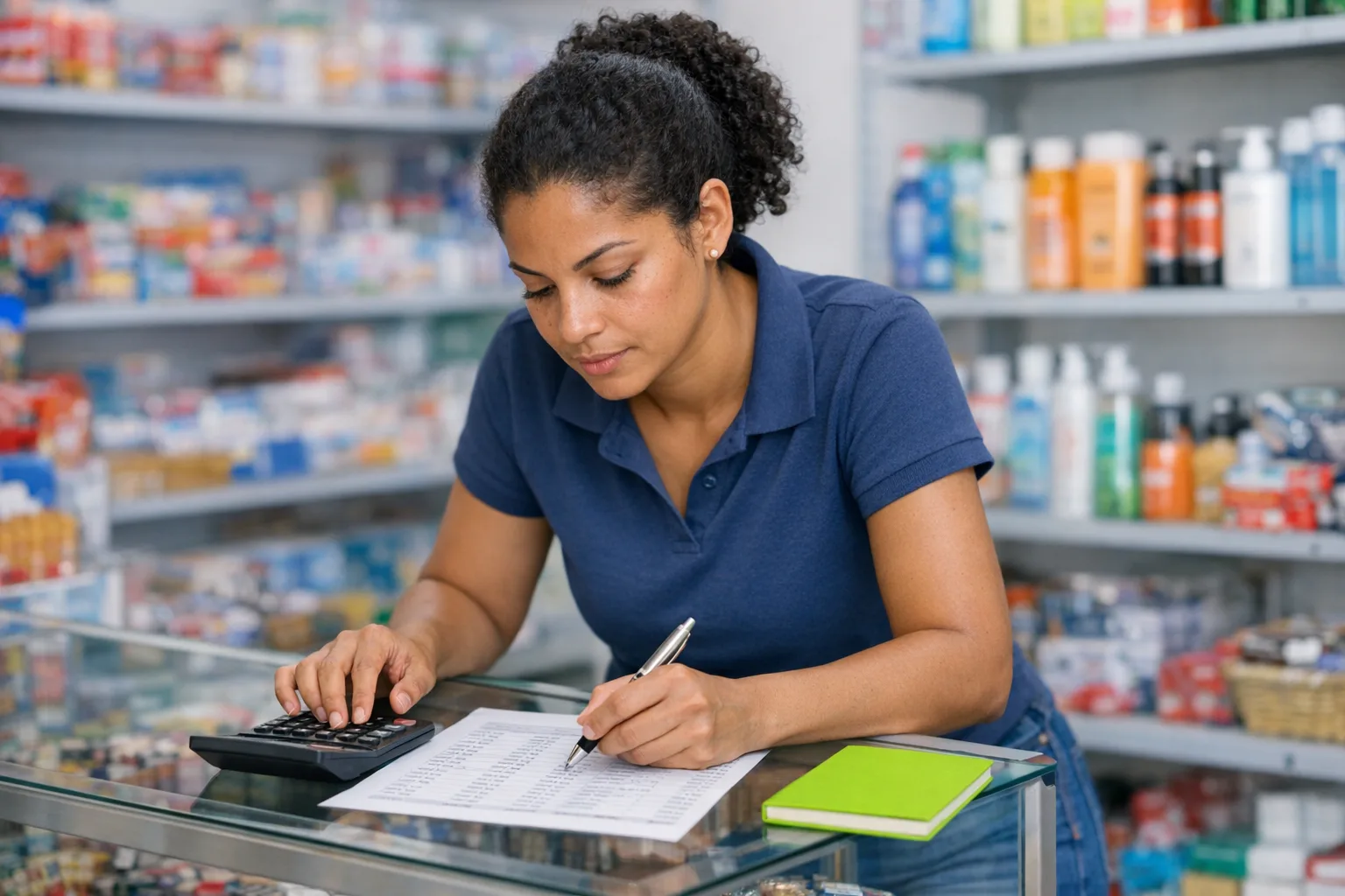 Comerciante sorridente anotando cálculos sobre o balcão de sua mercearia com prateleiras de produtos ao fundo