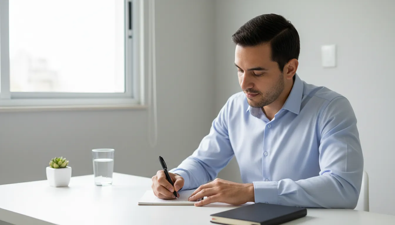 Homem jovem escrevendo em caderno sobre mesa branca em home office iluminado por luz natural