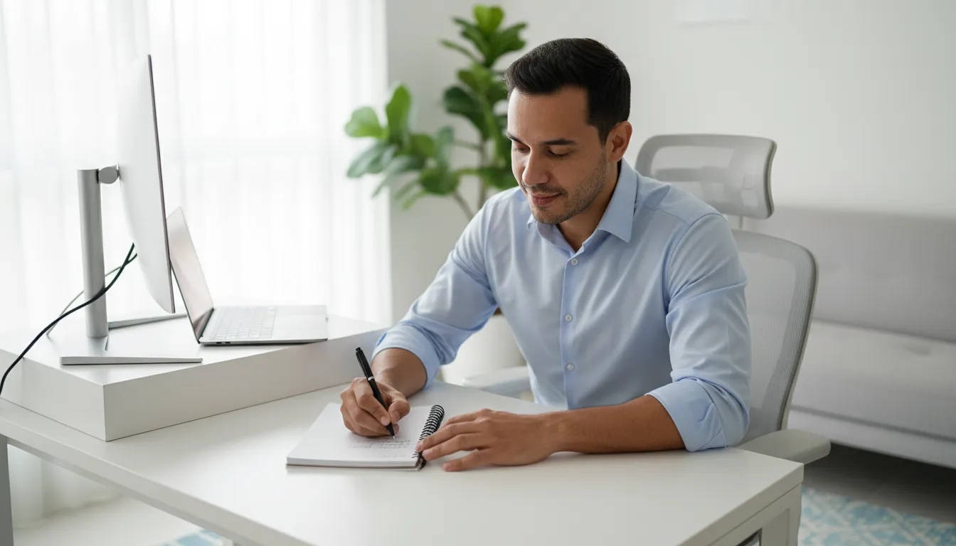 Homem fazendo anotações em caderno na mesa de home office com monitor e planta ao fundo