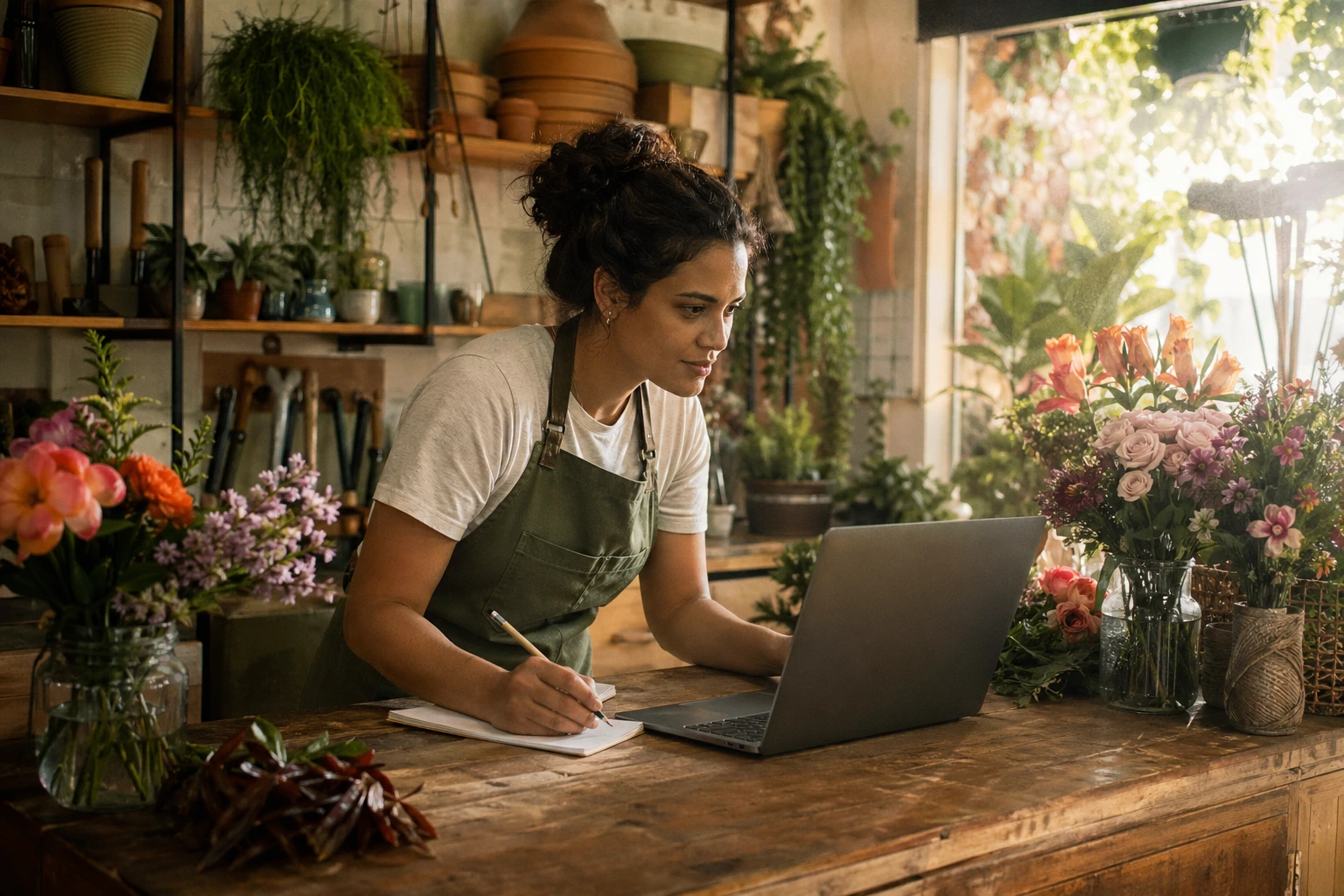 Florista de avental verde anotando em caderno enquanto consulta laptop no balcão de madeira da floricultura