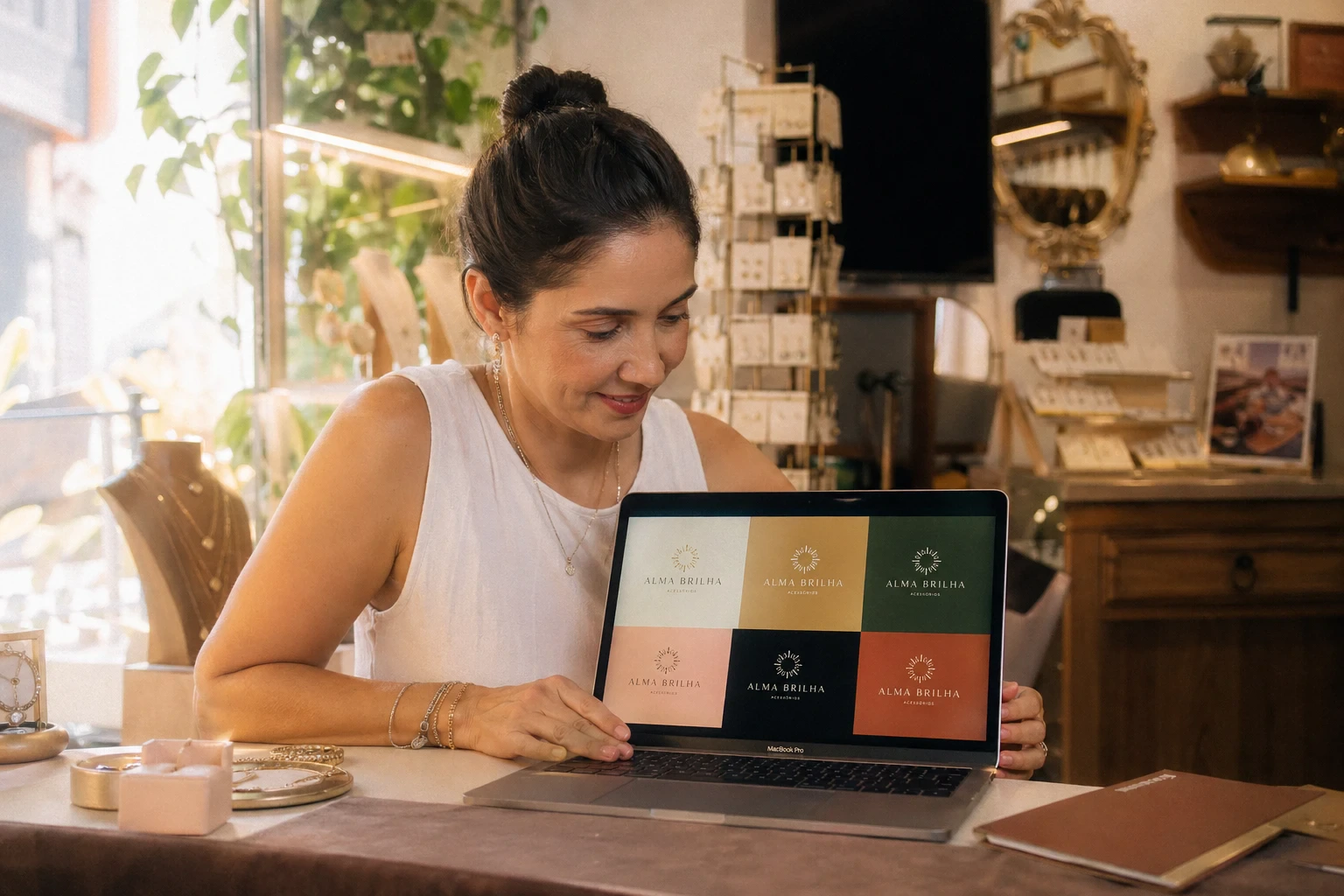 Dona de loja de bijuterias compara variações de logotipo no laptop, em balcão com vitrines e expositores ao redor