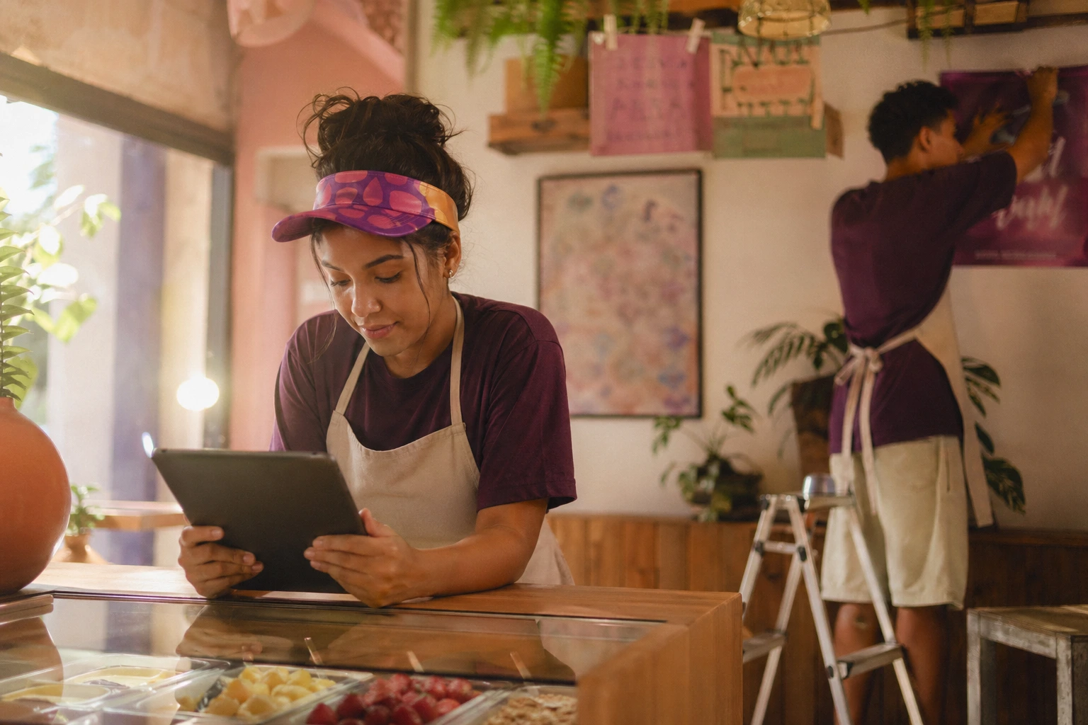 Empreendedora com avental e lenço no cabelo consulta tablet no balcão de sua loja enquanto funcionário organiza prateleira ao fundo