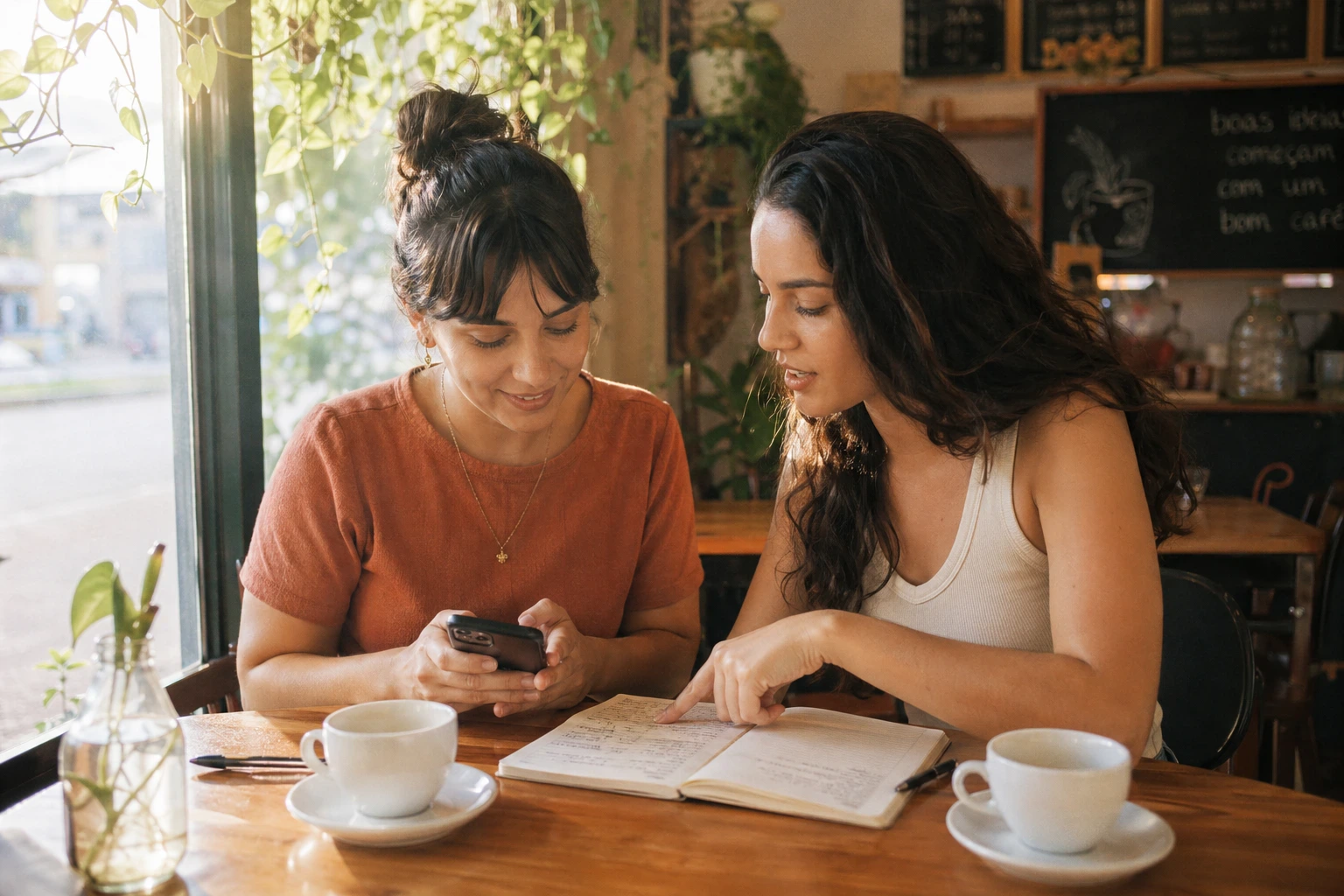 Duas empreendedoras conversam em café, anotando ideias de nomes no caderno e celular