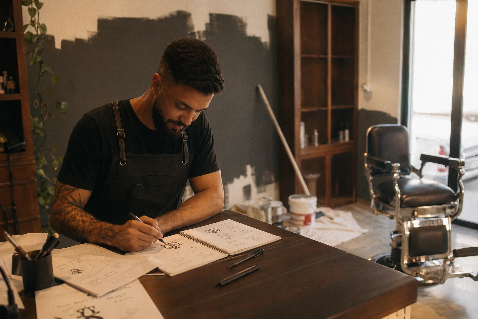 Barbeiro jovem com avental escuro desenhando logotipo em caderno na barbearia em reforma, com cadeira ao fundo