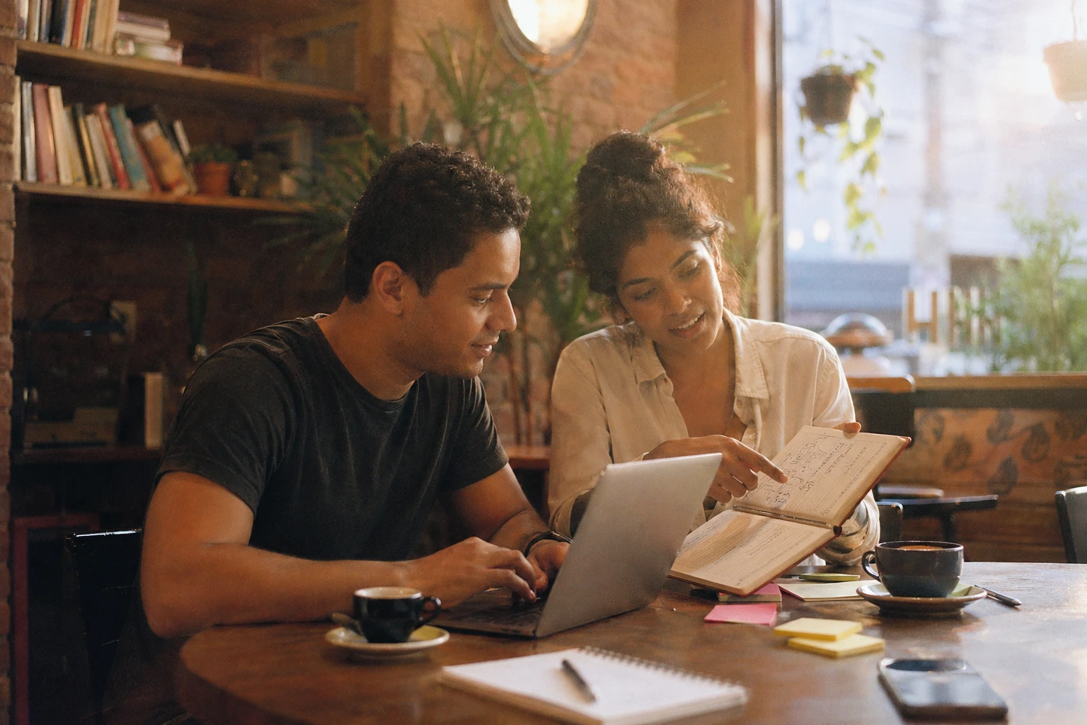 Casal jovem de empreendedores brainstormando nomes para o negócio com caderno e laptop em café aconchegante