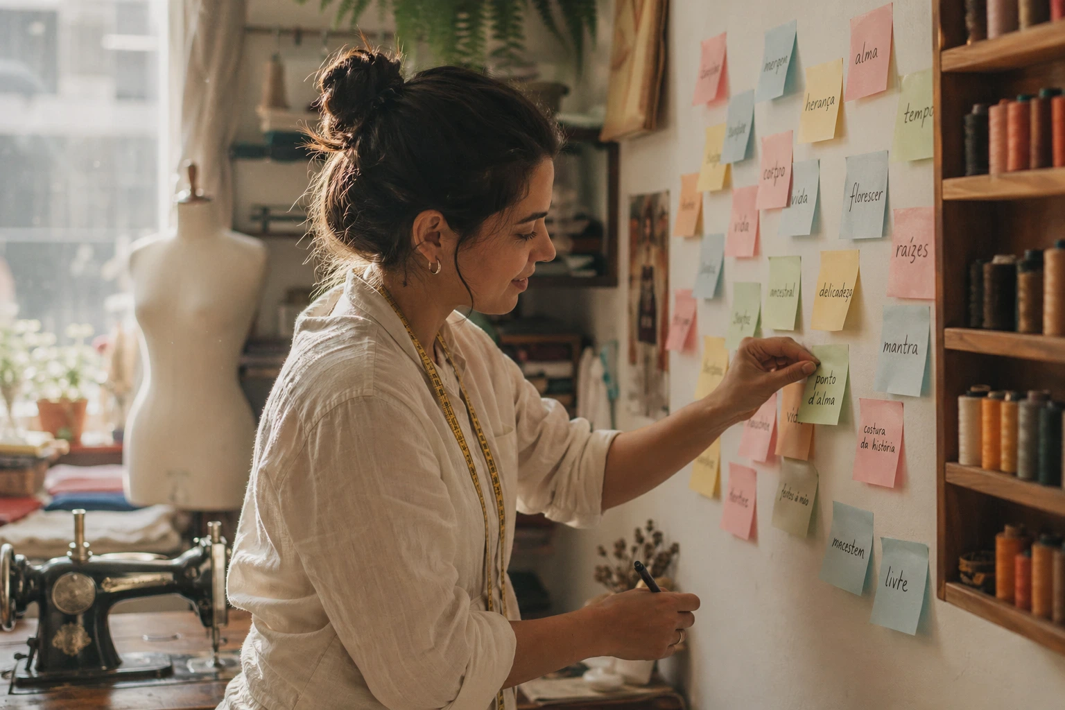 Estilista jovem colando post-its com nomes na parede de um atelie de costura aconchegante