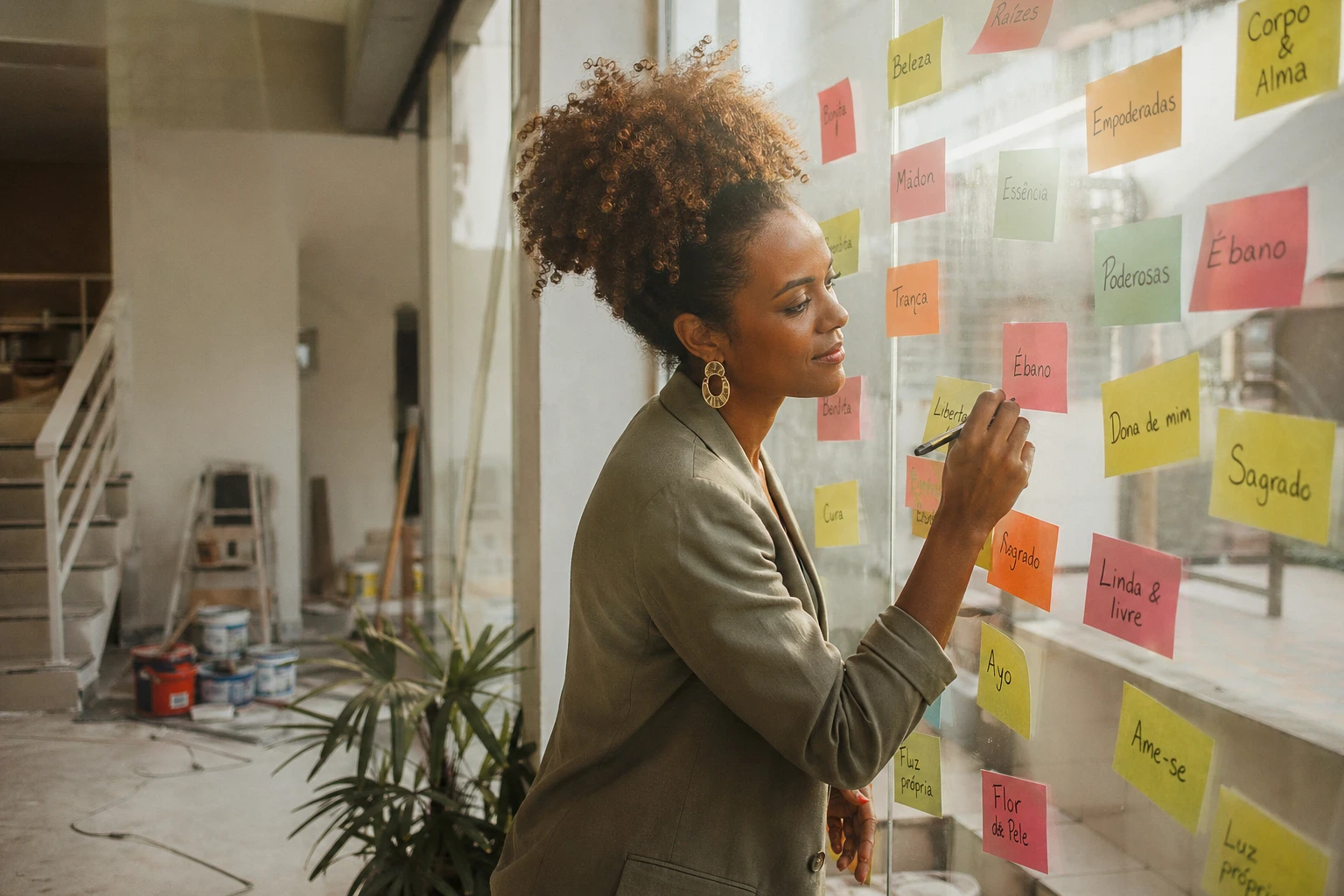 Empreendedora escrevendo opções de nomes em post-its coloridos na parede de vidro de futuro salão de beleza