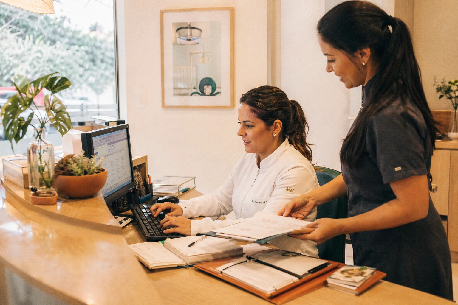 Dentista digita dados de paciente no computador enquanto assistente organiza prontuários na recepção do consultório
