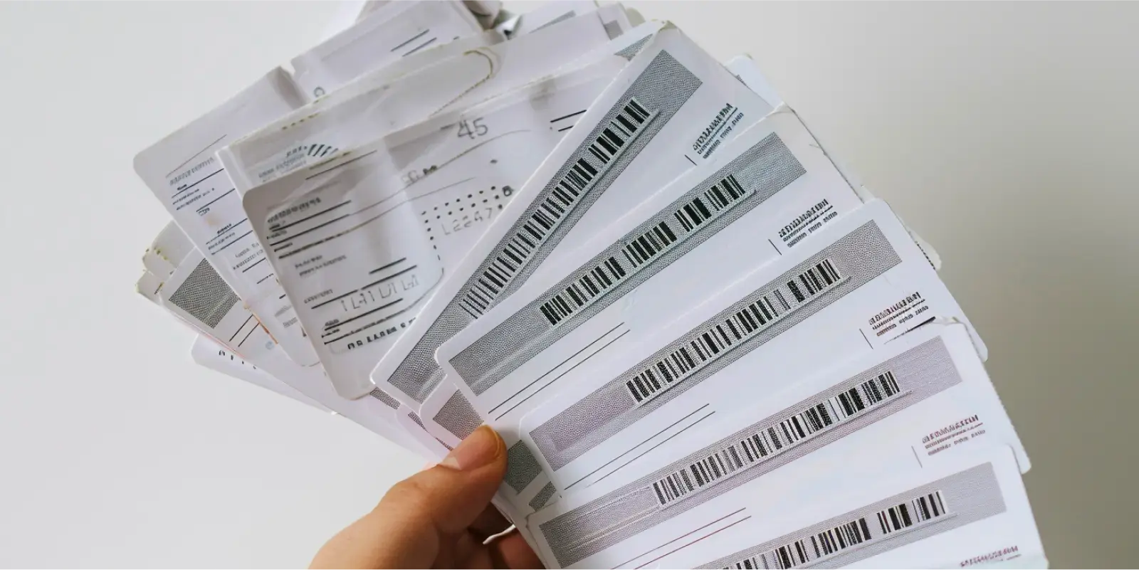Boletos não registrados empilhados em uma mão, cada um com código de barras e informações de pagamento visíveis.