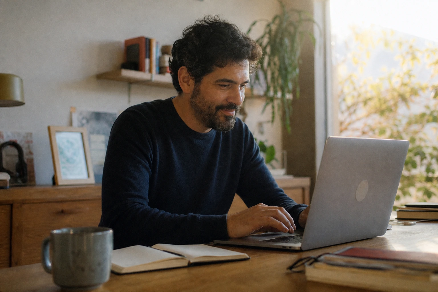 Microempreendedor em concentração digitando no notebook em home office aconchegante com plantas e luz natural